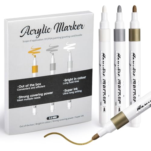 Mzh Art Gold Silber Weiß Metallic Marker Stifte Set, 9er Pack, 2,0 mm Acrylmarker, Glitter Acrylfarben Stifte Pens, Permanent Marker, für Papier, Skizzen, Holz, Felsen, Reifen, Plastik, Glas, Malerei von Mzh Art