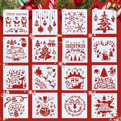 16 Stück SchablonenWeihnachten,Stencil Schablonen,Plastikdesign DIY Schablone Malerei Vorlage,Weihnachtsschablone,Wiederverwendbar Schablonen für Scrapbooking,Zeichnung, Weihnachtswand Dekoration von N+U