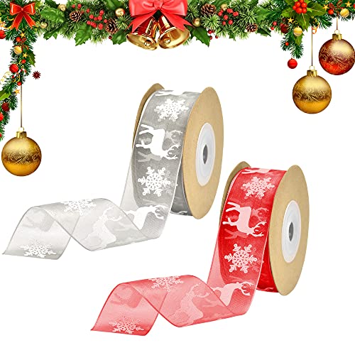 AFASOES 2 Rolle Organzaband Geschenkband Satinband mit Schneeflocke Elch Schleifenband Organza Bänder Dekoband Weihnachten Satin Band für Blumensträuße Hochzeit Halloween Xmas Tree von AFASOES