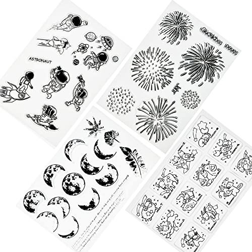 NA Yayatty 4 Blätter Clear Stempel Silikon Silikonstempel Clear Stamp, Vintage Silikon Stempel Set Feuerwerk Mond Astronauten Konstellation Clear Stamps für DIY Journal Scrapbooking von N\A