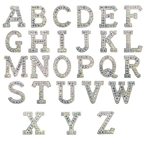 Woohome 26 Stück Patches zum Aufbügeln A-Z Bling Strass Buchstaben Patches White Pearl Englischer Buchstabe Flicken Patches Alphabet Applikation für DIY Bastelbedarf, AB Farben von Woohome