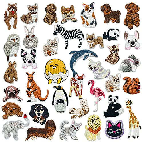 Woohome 37 Stück Tier Flicken Patches Flicken zum Aufbügeln Patches, Hund Katze Zebra Elefant Löwe Pinguin Patches zum Aufbügeln für Kleidung Blumen Aufnäher Applikation Kinder Patches von Woohome