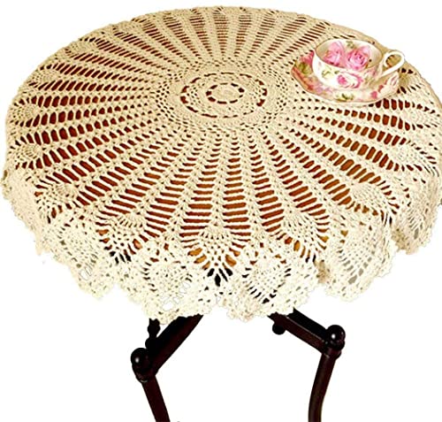 NC AMIPOS 90 cm runde Vintage beige handgefertigte Häkelspitze Deckchen Häkel-Tischdecken Baumwolle Tischdecke Tischdekoration Hochzeit Zuhause Party Dekor (Beige) von NC