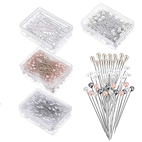 NC 400Pcs Corsagen Blumennadeln Kopfnadeln Blumenstraußnadeln Blumennadeln Corsagestifte Teardrop Pearl Pins Klare Nähkristallkopfnadeln 4 Arten für Hochzeitsschmuck Dekoration Corsagen Pins von NC