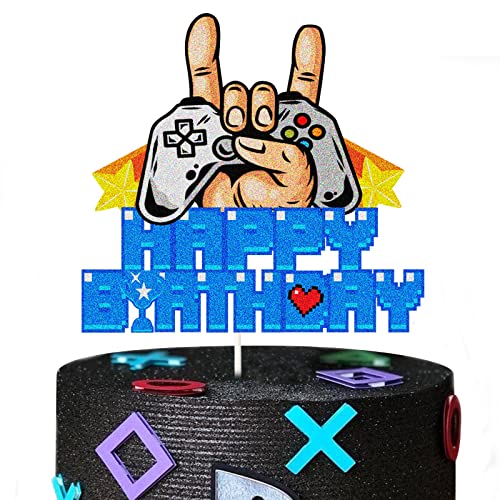 Blauer Glitzer Happy Birthday Cake Topper Videospiel Thema Geburtstag Kuchen Topper Game Controller Kuchen Pick-Level Up Gewinner Party Dekorationen Supplies von N\W