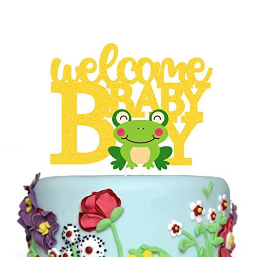 Willkommen Baby Junge Frosch Kuchendekoration, Frosch Kuchendekoration für Jungen, Gold Glitzer Geschlecht offenbart Babyparty Kuchendekoration, Frühling Babyparty Party Dekorationen von N\W