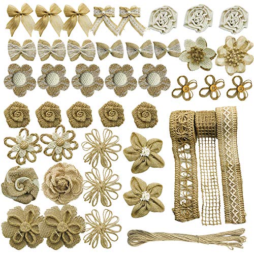 Allazone 46 Stück Juteband mit Spitze Weiß, Natürliche Sackleinen Blumen Set, Bände Weißes Spitzenband Sackleinen Blumenset, Faden Band und Klebepunkte für Hochzeit, Party, Dekoration von Allazone