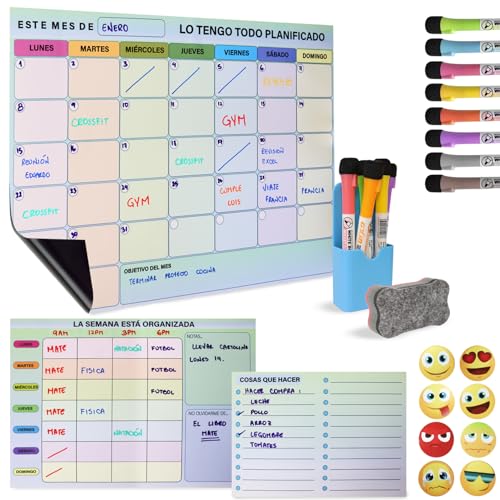 Magnetischer Kühlschrankkalender - Magnetischer Whiteboard Kühlschrank - Magnetischer Wochenplaner - Magnetische Whiteboard-Magnete - Enthält 3 Kreidetafeln, 8 Marker, 8 Aufkleber, 1 Radiergummi und 1 von N NUEVAS IDEAS