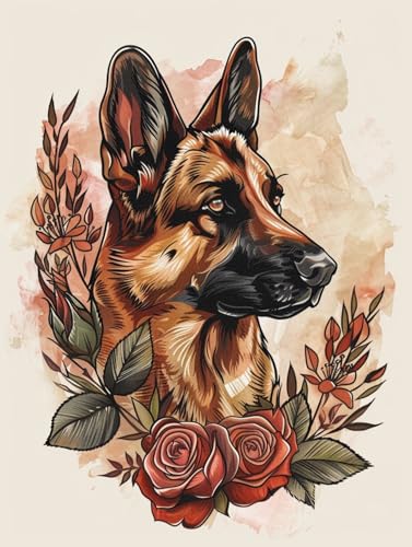 11Ct Diy Kreuzstich Set Deutscher Schäferhund Tier Cross Stitch Kit Hund Und Rote Rosenblütenvorgedruckt Sticken Set Stamped Cross Stitch Pre-Printed Pattern Stickerei Diy Home Decoration 60x80cm von N.LANSHAN