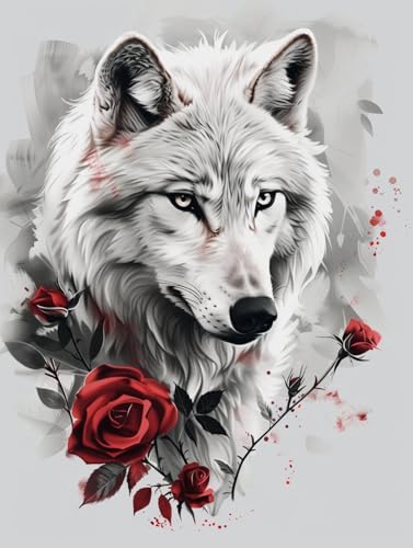 11Ct Diy Sticken Set Erwachsene Wolf Und Rote Rosenblüten Kreuzstich Set Tierportraitsstickvorlagen Wasserlöslich Kreuzstich Stickpackung Sticken Stickbild Set Für Erwachsene Anfänger 40x50cm von N.LANSHAN