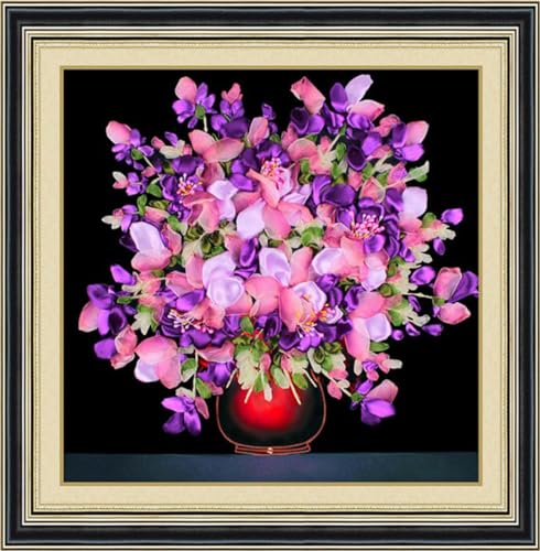 3D-Sticksets Aus Seidenband. Stickmuster „Blumen In Einer Vintage-Vase“. Kreuzstich-Stickerei-Starterset，Einfaches Stickset，Handgefertigtes Näh- Und Bastelset Für Erwachsene Und Anfänge 50x50cm von N.LANSHAN