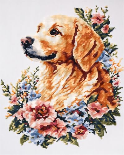 DIY Knüpfteppich Knüpfset Für Teppich Mit Golden Retriever-Tier，Hundeporträt Und Blumen，Knüpfset Für Teppich Zum Selbermachen，Häkelset Für Anfänger，Teppichherstellungsset Mit Bedruckter 100x140cm von N.LANSHAN