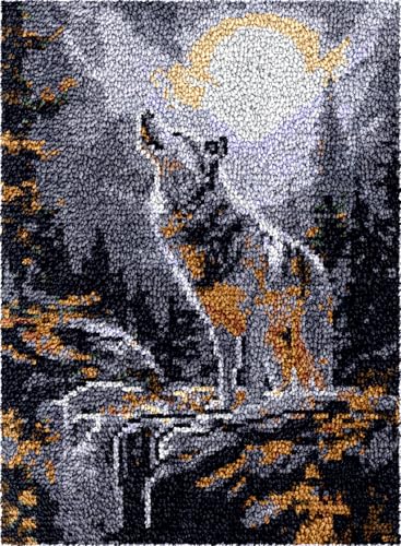 Diy Knüpfstern Set Knüpfhaken-Set Mit Heulendem Wolf，Berglandschaft，Diy-Teppichherstellung，Basteln Für Erwachsene Mit Farbig Bedruckter Leinwand，Häkel-Stickerei，Teppich-Set，Heimdekor 35x46in von N.LANSHAN