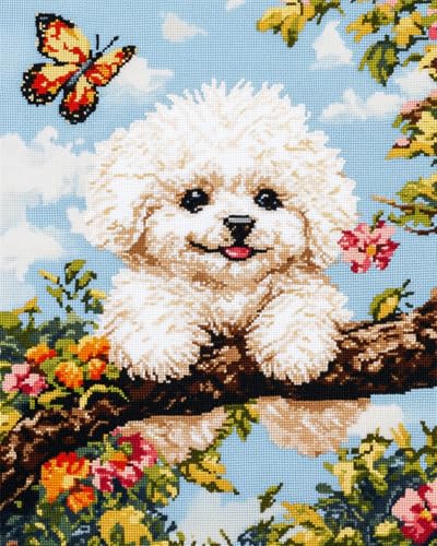 Diy Teppich Diy Set Knüpfhakenset Mit Bichon Frise-Tiermotiv，Hund Und Schmetterling，Diy-Teppichherstellungsset，Kreuzstichset，Teppichherstellung，Handarbeit Für Anfänger，Heimdekoration 90x120cm von N.LANSHAN