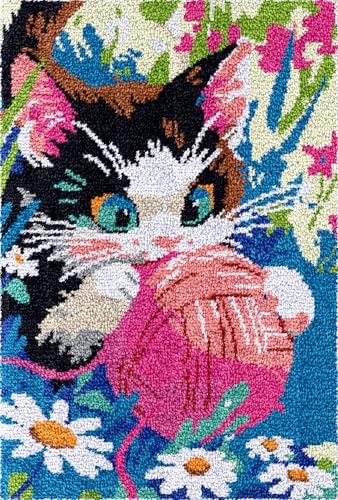 Diy-Teppich Knüpfstern Kissen-Knüpfhaken-Set Mit Katze Und Wollknäuel，Tiere Und Blumen，Diy-Teppichherstellungsset Für Erwachsene，Kreuzstichset，Teppichherstellung，Handarbeit Für Anfäng 23x35in von N.LANSHAN