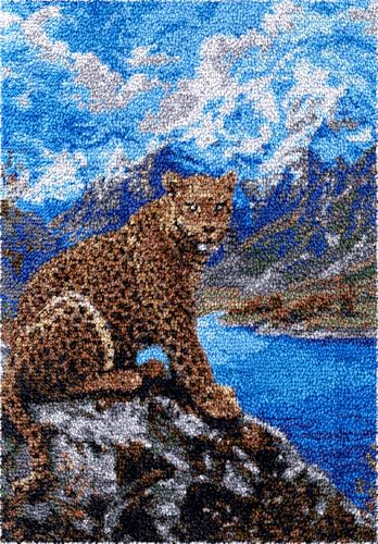 Diy-Teppich Knüpfstern Knüpfkissen-Set Mit Leoparden-Tiermotiv，Naturlandschaft，Diy-Teppichherstellung Für Erwachsene Mit Farbig Bedruckter Leinwand，Häkelstickerei，Teppich-Set，Heimdeko 20x15in von N.LANSHAN