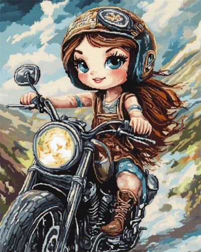 N.LANSHAN 11CT Diy Cross Stitch Kit Cartoon-Mädchen Und Motorrad Stickvorlagen Wasserlöslich Kreuzstich Stickpackung Sticken Stickbild Set Für Erwachsene Anfänger 80x100cm von N.LANSHAN