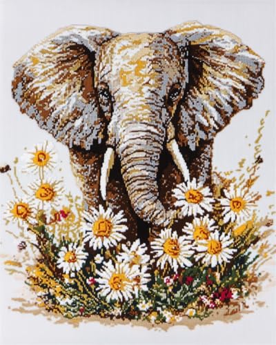 N.LANSHAN 11CT Diy Cross Stitch Kit Elefantentier Und Weiße Gänseblümchen Stickvorlagen Stickbilder Vorgedruckt Kreuzstich Stickpackungen Stickpackung Cross Stitch 50x70cm von N.LANSHAN