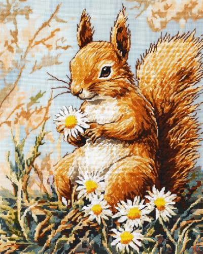 N.LANSHAN 11CT Diy Cross Stitch Kit Fantasie Eichhörnchen Tiere Und Blumen Diy Starter Stickbild Erwachsene Anfanger Stickpackungen Kreuzstich Handwerk Geschenk 30x40cm von N.LANSHAN