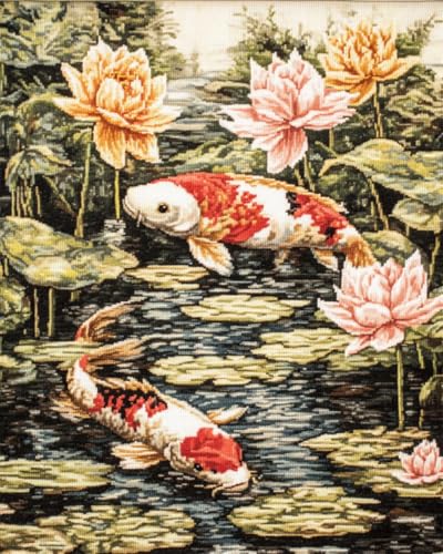 N.LANSHAN 11CT Diy Cross Stitch Kit Fantasie Karpfen Und Lotus Stickvorlagen Wasserlöslich Kreuzstich Stickpackung Sticken Stickbild Set Für Erwachsene Anfänger 50x70cm von N.LANSHAN