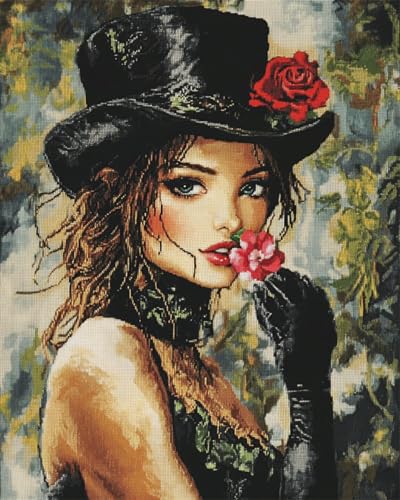 N.LANSHAN 11CT Diy Cross Stitch Kit Frau Und Blumen Vorgedruckt Kreuzstich Stickpackungen Stickbild Stickset Sticken Set Für Erwachsene 30x40cm von N.LANSHAN