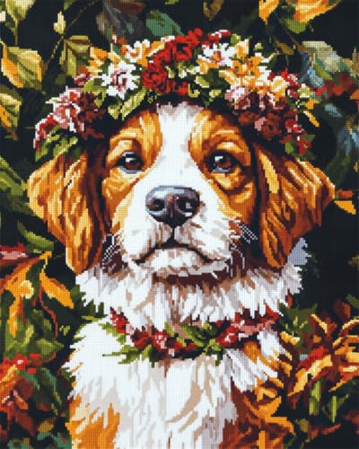 N.LANSHAN 11CT Diy Cross Stitch Kit Hund Tier Trägt Einen Kranz Diy Starter Stickbild Erwachsene Anfanger Stickpackungen Kreuzstich Handwerk Geschenk 80x100cm von N.LANSHAN