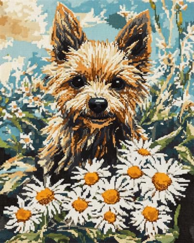 N.LANSHAN 11CT Diy Cross Stitch Kit Hundetier Und Weiße Gänseblümchen Stickvorlagen Stickbilder Kreuzstich Vorgedruckt, Bilder Stickerei Set Diy Stickpackung Kits 80x100cm von N.LANSHAN