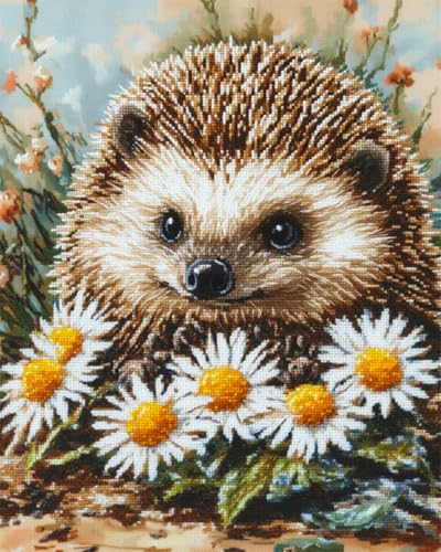 N.LANSHAN 11CT Diy Cross Stitch Kit Igel Tier Und Weiße Gänseblümchen Kreuzstich Stickpackungen Vorgedruckt, Stickerei Set Stickset Sticken Kit Erwachsene Anfänger 30x40cm von N.LANSHAN