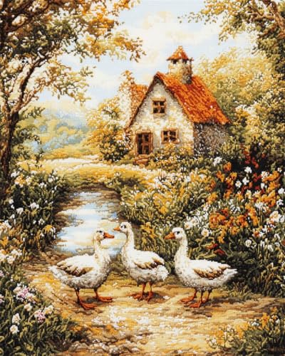 N.LANSHAN 11CT Diy Cross Stitch Kit Ländliche Bauernhauslandschaft Diy Starter Stickbild Erwachsene Anfanger Stickpackungen Kreuzstich Handwerk Geschenk 30x40cm von N.LANSHAN