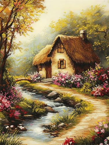 N.LANSHAN 11CT Diy Cross Stitch Kit Ländliche Hüttenlandschaft Kreuzstich Stickpackungen Vorgedruckt Erwachsene Anfänger Diy Stickpackung Set Sticken Kit 80x100cm von N.LANSHAN