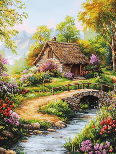 N.LANSHAN 11CT Diy Cross Stitch Kit Ländliche Hüttenlandschaft Stickvorlagen Wasserlöslich Kreuzstich Stickpackung Sticken Stickbild Set Für Erwachsene Anfänger 80x100cm von N.LANSHAN