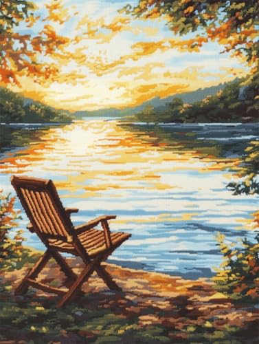 N.LANSHAN 11CT Diy Cross Stitch Kit Liegestuhllandschaft Am Flussufer Diy Starter Stickbild Erwachsene Anfanger Stickpackungen Kreuzstich Handwerk Geschenk 80x100cm von N.LANSHAN