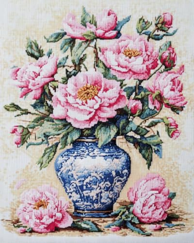 N.LANSHAN 11CT Diy Cross Stitch Kit Pfingstrosen Blumen Im Korb Kreuzstich Stickpackungen Vorgedruckt Erwachsene Anfänger Diy Stickpackung Set Sticken Kit 80x100cm von N.LANSHAN