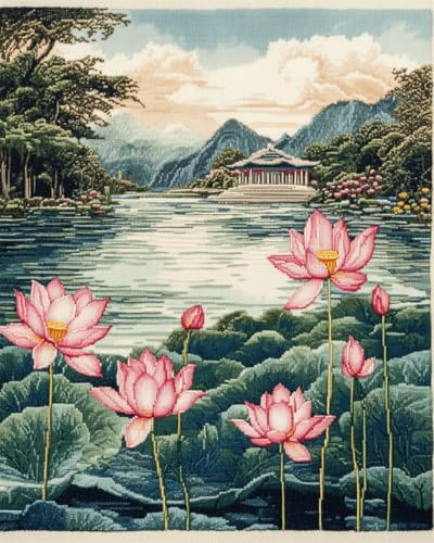 N.LANSHAN 11CT Diy Cross Stitch Kit Rosa Lotus Und Landschaft Kreuzstich Stickpackungen Vorgedruckt, Stickerei Set Stickset Sticken Kit Erwachsene Anfänger 80x100cm von N.LANSHAN