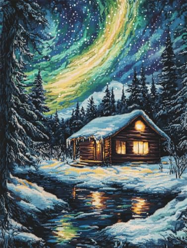 N.LANSHAN 11CT Diy Cross Stitch Kit Schneehütte Aurora Landschaft Stickvorlagen Stickbilder Kreuzstich Vorgedruckt, Bilder Stickerei Set Diy Stickpackung Kits 30x40cm von N.LANSHAN