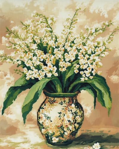 N.LANSHAN 11CT Diy Cross Stitch Kit Weiße Maiglöckchen Blumen In Der Vase Kreuzstich Stickpackungen Vorgedruckt Bilder Erwachsene Anfanger Diy Raumdekoration 50x70cm von N.LANSHAN