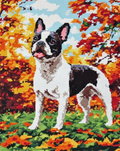 N.LANSHAN 11CT Diy Embroidery Kit Bulldogge Tier Und Blumen Kreuzstich Stickpackung Vorgedruckt, Stickbild Sticken Stickset Mit Anleitung Geschenk Für 40x50cm von N.LANSHAN