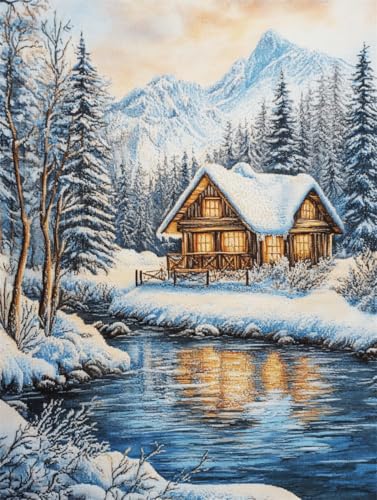 N.LANSHAN 11CT Diy Embroidery Kit Schneehütte Aurora Landschaft Stickvorlagen Stickbilder Vorgedruckt Kreuzstich Stickpackungen Stickpackung Cross Stitch 40x50cm von N.LANSHAN