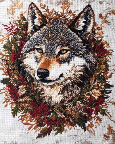 N.LANSHAN 11CT Diy Embroidery Kit Wolf Tier Und Kranz Stickvorlagen Stickbilder Kreuzstich Vorgedruckt, Bilder Stickerei Set Diy Stickpackung Kits 60x80cm von N.LANSHAN