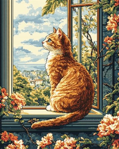 N.LANSHAN 11CT Diy Kreuzstich Set Katze Tier Auf Fensterbank Kreuzstich Stickpackungen Vorgedruckt Bilder Erwachsene Anfanger Diy Raumdekoration 60x80cm von N.LANSHAN