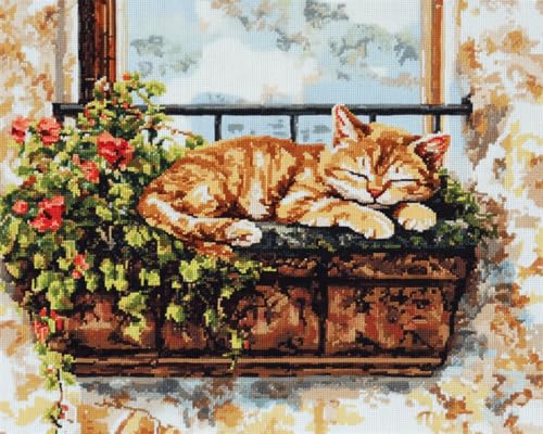 N.LANSHAN 11CT Diy Kreuzstich Set Vorgedruckt Katze Und Blumen Auf Dem Balkon Kreuzstich Stickpackungen Vorgedruckt Bilder Erwachsene Anfanger Diy Raumdekoration 30x40cm von N.LANSHAN