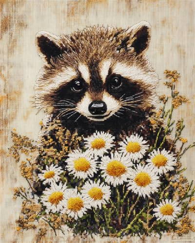 N.LANSHAN 11CT Diy Kreuzstich Stickpackungen Waschbär Und Weiße Gänseblümchen Vorgedruckt Sticken Set Stamped Cross Stitch Pre-Printed Pattern Stickerei Diy Home Decoration 60x80cm von N.LANSHAN