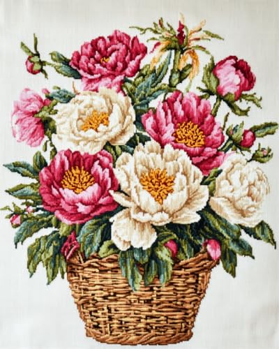 N.LANSHAN 11CT Diy Stickbilder Erwachsene Pfingstrosen Blumen Im Korb Kreuzstich-Ornament-Set Für Erwachsene Und Anfänger, Stickset Mit Zählmuster, Heimdekoration 40x50cm von N.LANSHAN