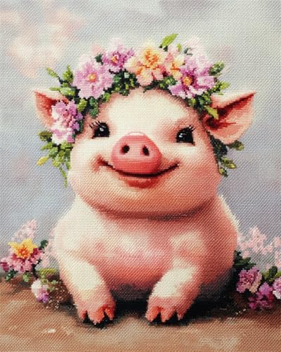 N.LANSHAN 11CT Diy Stickbilder Erwachsene Schwein Tier Trägt Einen Kranz Vorgedruckt Sticken Set Stamped Cross Stitch Pre-Printed Pattern Stickerei Diy Home Decoration 60x80cm von N.LANSHAN