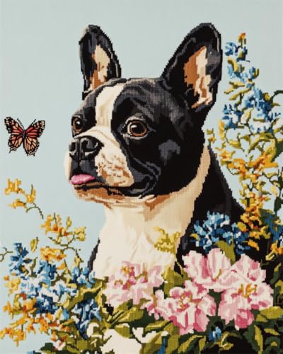 N.LANSHAN 11CT Diy Sticken Set Erwachsene Bulldogge Tier Und Blumen Stickvorlagen Stickbilder Vorgedruckt Kreuzstich Stickpackungen Stickpackung Cross Stitch 80x100cm von N.LANSHAN