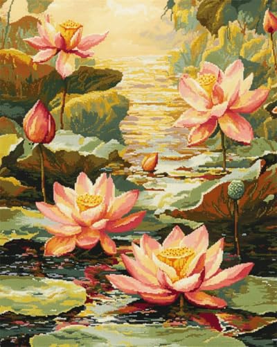 N.LANSHAN 11CT Diy Stickvorlagen Kreuzstich Rosa Lotus Und Landschaft Vorgedruckt Sticken Set Stamped Cross Stitch Pre-Printed Pattern Stickerei Diy Home Decoration 30x40cm von N.LANSHAN