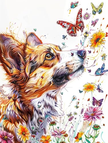 N.LANSHAN 11Ct Diy Kreuzstich Set Corgi-Tier Cross Stitch Kit Hund Und Schmetterlingvorgedruckt Sticken Set Stamped Cross Stitch Pre-Printed Pattern Stickerei Diy Home Decoration 50x70cm von N.LANSHAN