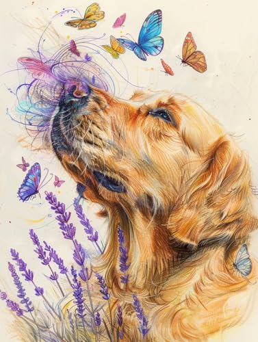 N.LANSHAN 11Ct Diy Kreuzstich Set Golden Retriever Tier Cross Stitch Kit Hund Und Schmetterlingstickvorlagen Stickbilder Kreuzstich Vorgedruckt, Bilder Stickerei Set Diy Stickpackung Set 60x80cm von N.LANSHAN