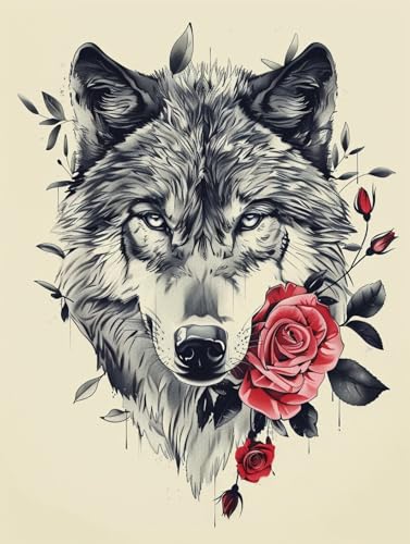 N.LANSHAN 11Ct Diy Kreuzstich Set Vorgedruckt Wolf Und Rote Rosenblüten Kreuzstich Set Tierportraitskreuzstich Stickpackungen Vorgedruckt Erwachsene Anfänger Diy Stickpackung Set Sticken Set 50x70cm von N.LANSHAN