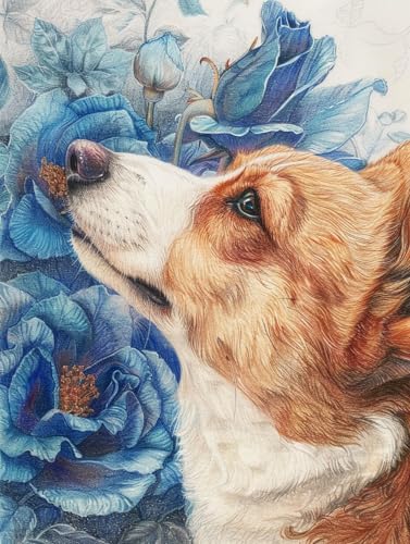 N.LANSHAN 11Ct Diy Stickbilder Erwachsene Corgi-Tier Embroidery Kit Hund Und Blumenstickvorlagen Stickbilder Kreuzstich Vorgedruckt, Bilder Stickerei Set Diy Stickpackung Set 60x80cm von N.LANSHAN